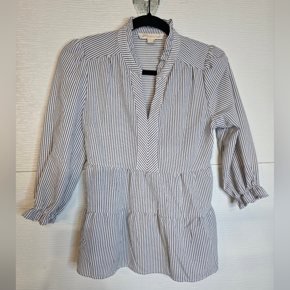 Monteau Elegant Striped Blouse in Gray and White
